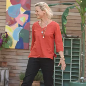 Blouse Cassie manches 3/4 et col V - lin orange crépuscule