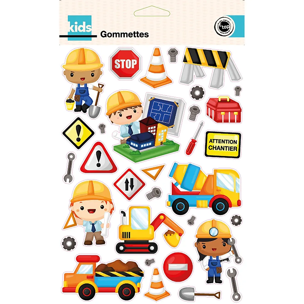 Planche de 78 gommettes thème chantier 
